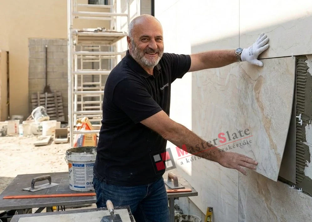 Juhász István kőfurnér lapot illeszt a falra